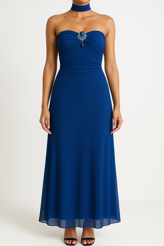Dress for Women – Long Evening Dress – Figure-Hugging Fit – Strapless with Mesh and Embellishments