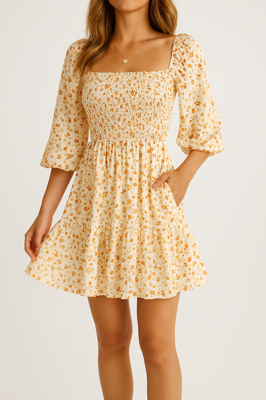 Dress for Women – A-line – Cotton Blend – Short Sleeve – Smocked Bodice – Floral Print