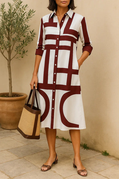 Dress for Women – Shirt Dress – Relaxed Fit – Midi Length – Geometric Pattern