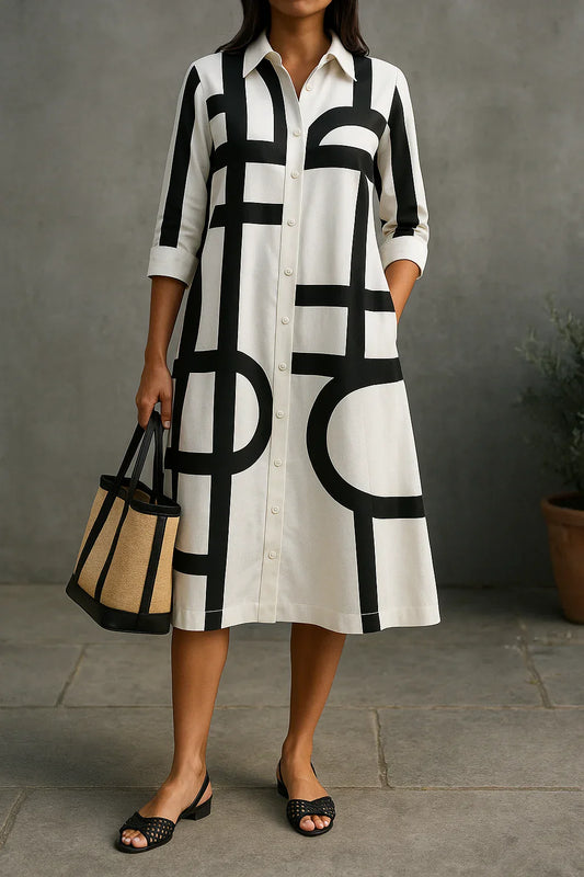 Dress for Women – Shirt Dress – Relaxed Fit – Midi Length – Geometric Pattern