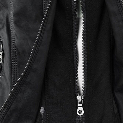 Dame Bikerjakke – Imitert Skinn – Slim Fit – Hette med Snøring – Glidelåslommer