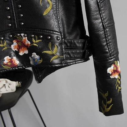 Women's Biker Jacket – Imitation Leather – Floral Embroidery – Stud Details – Asymmetric Zipper