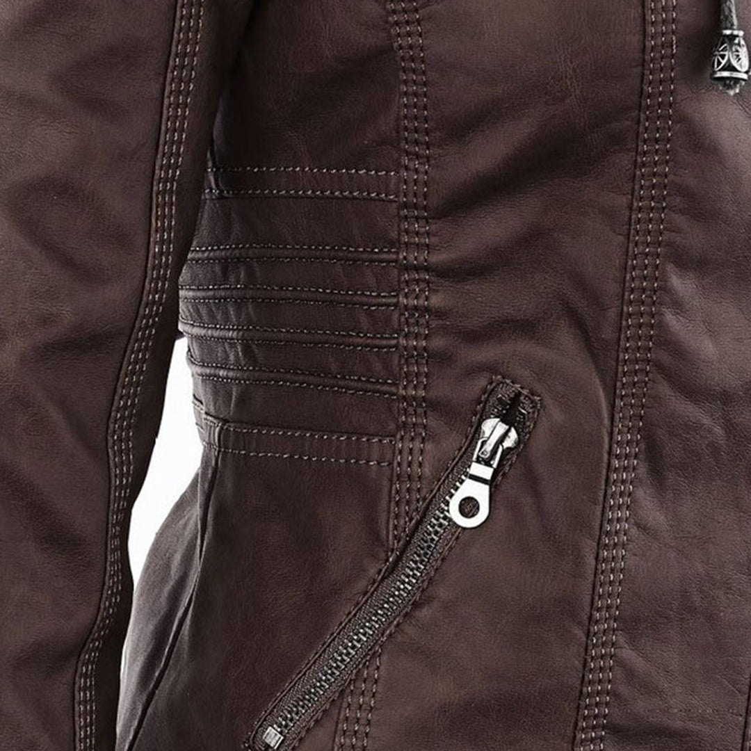 Dame Bikerjakke – Imitert Skinn – Slim Fit – Hette med Snøring – Glidelåslommer