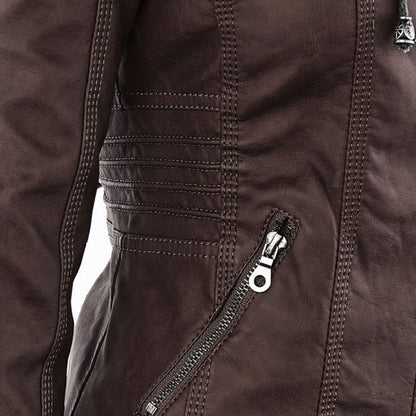 Dame Bikerjakke – Imitert Skinn – Slim Fit – Hette med Snøring – Glidelåslommer