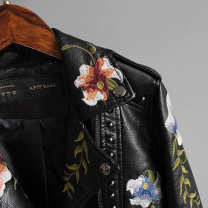 Women's Biker Jacket – Imitation Leather – Floral Embroidery – Stud Details – Asymmetric Zipper