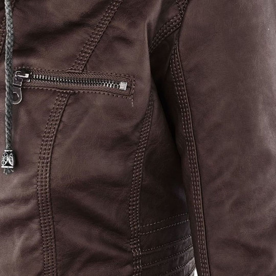 Dame Bikerjakke – Imitert Skinn – Slim Fit – Hette med Snøring – Glidelåslommer
