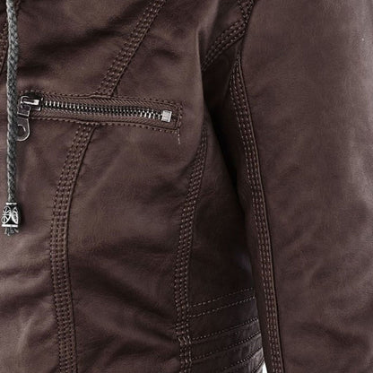 Dame Bikerjakke – Imitert Skinn – Slim Fit – Hette med Snøring – Glidelåslommer