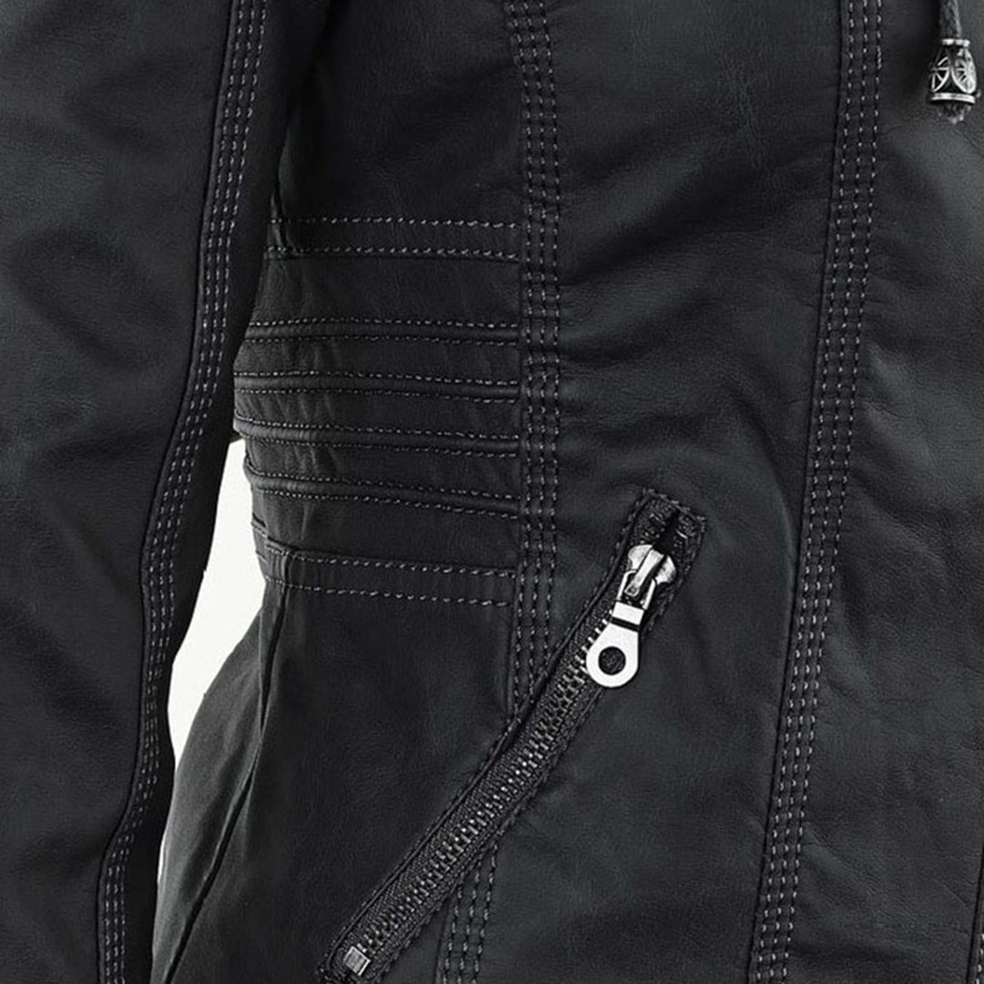Dame Bikerjakke – Imitert Skinn – Slim Fit – Hette med Snøring – Glidelåslommer