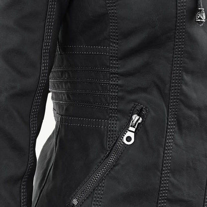 Dame Bikerjakke – Imitert Skinn – Slim Fit – Hette med Snøring – Glidelåslommer