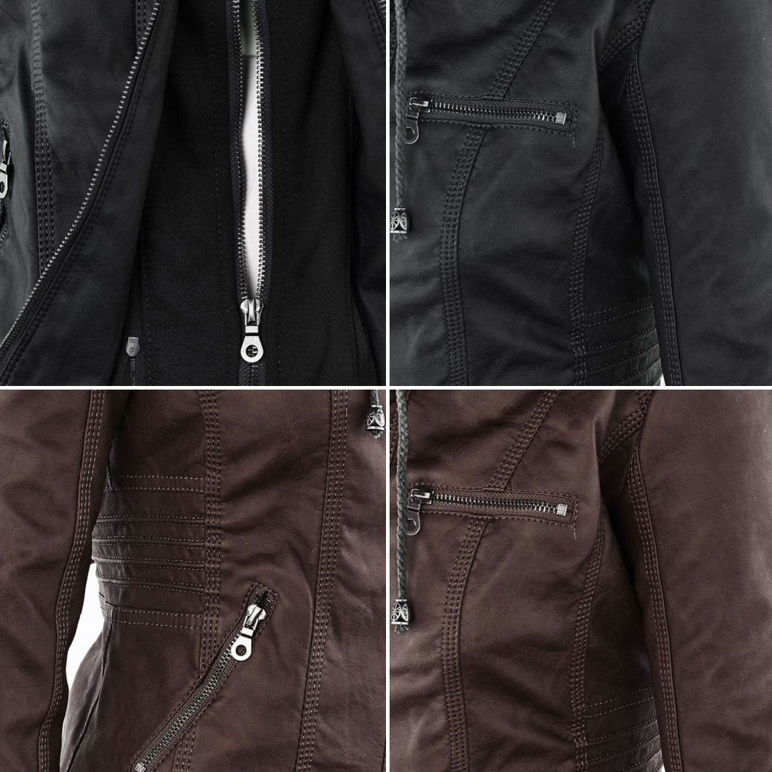 Dame Bikerjakke – Imitert Skinn – Slim Fit – Hette med Snøring – Glidelåslommer