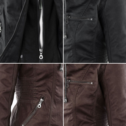 Dame Bikerjakke – Imitert Skinn – Slim Fit – Hette med Snøring – Glidelåslommer