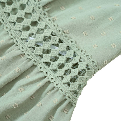 Women's Dress - A-line Cut - V-neck - Short Flutter Sleeves - Elegant Empire Waist