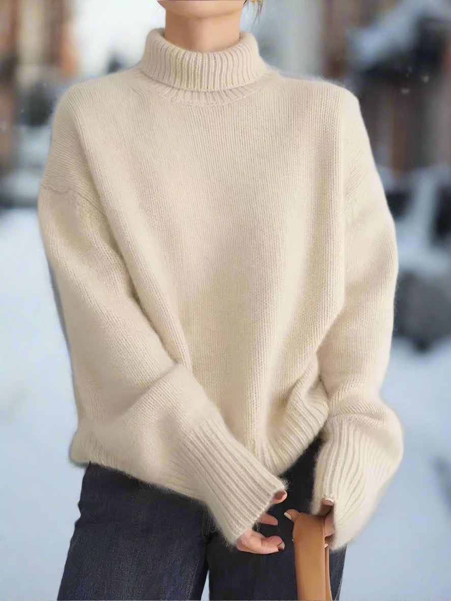 Dame Oversized Høyhalset Genser – Myk Ullblanding – Avslappet Passform – Lange Ermer