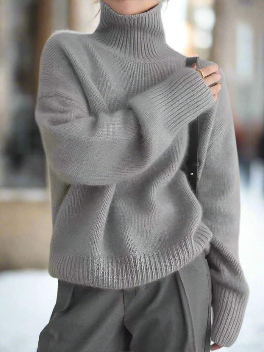 Dame Oversized Høyhalset Genser – Myk Ullblanding – Avslappet Passform – Lange Ermer