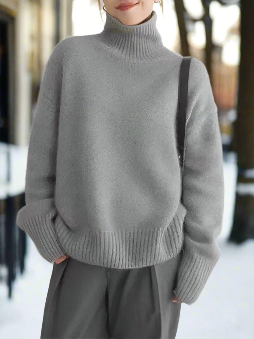 Dame Oversized Høyhalset Genser – Myk Ullblanding – Avslappet Passform – Lange Ermer