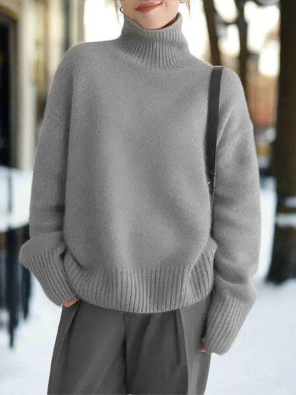Dame Oversized Høyhalset Genser – Myk Ullblanding – Avslappet Passform – Lange Ermer