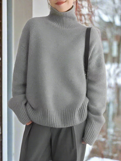 Women's High-Neck Sweater - Wool Blend - Oversized Fit - Soft Knitted Comfort