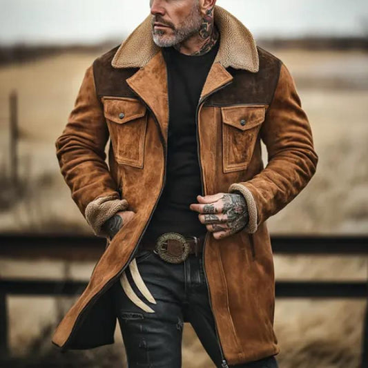 Herre Shearling Kåpe - Semsket Skinn - Bred Krage - Varm og Tidløs Design