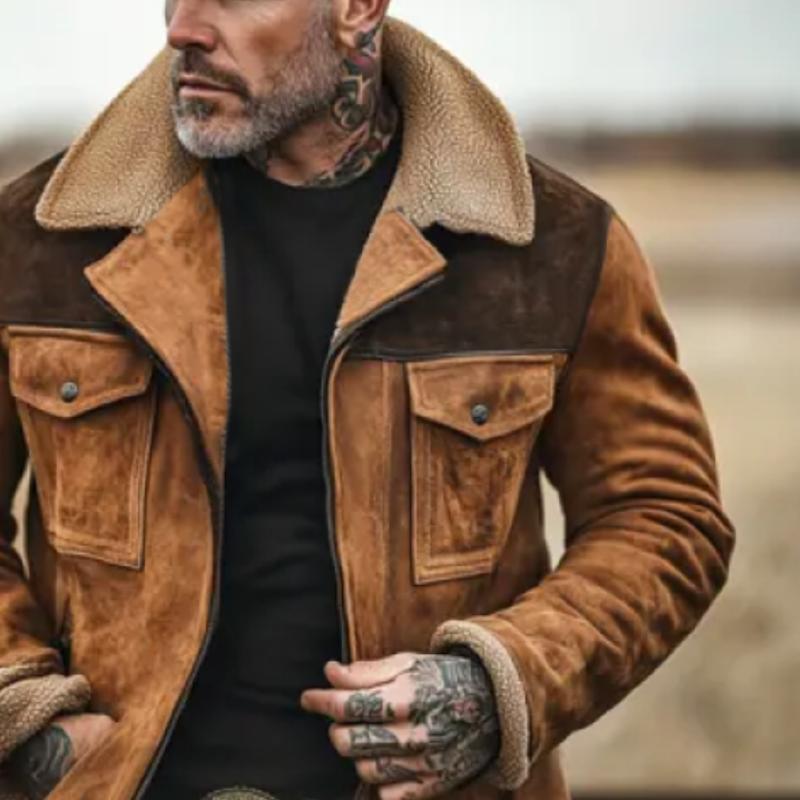 Herre Shearling Kåpe - Semsket Skinn - Bred Krage - Varm og Tidløs Design