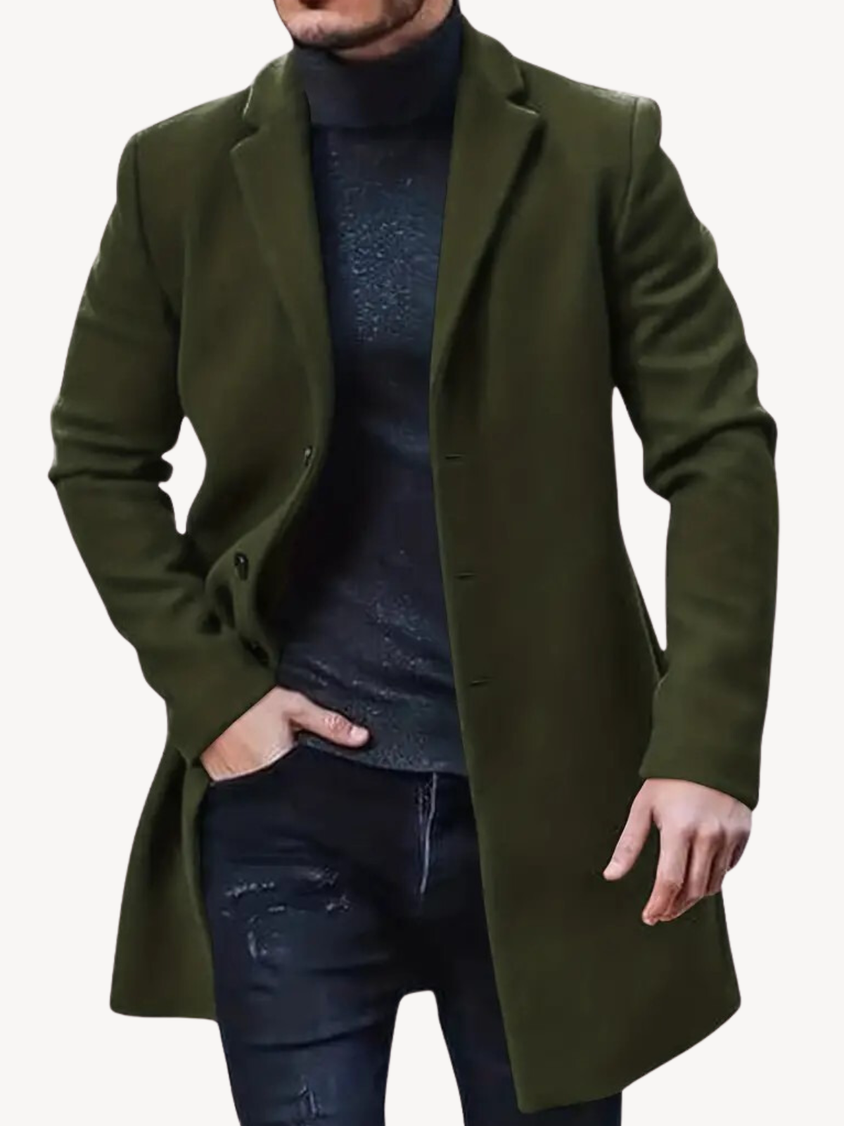 Men's Trench Coat – Tailored Fit – Wool Feel – Mid Length – Notch Lapel – 3-Button Closure