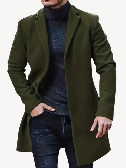 Men's Trench Coat – Tailored Fit – Wool Feel – Mid Length – Notch Lapel – 3-Button Closure