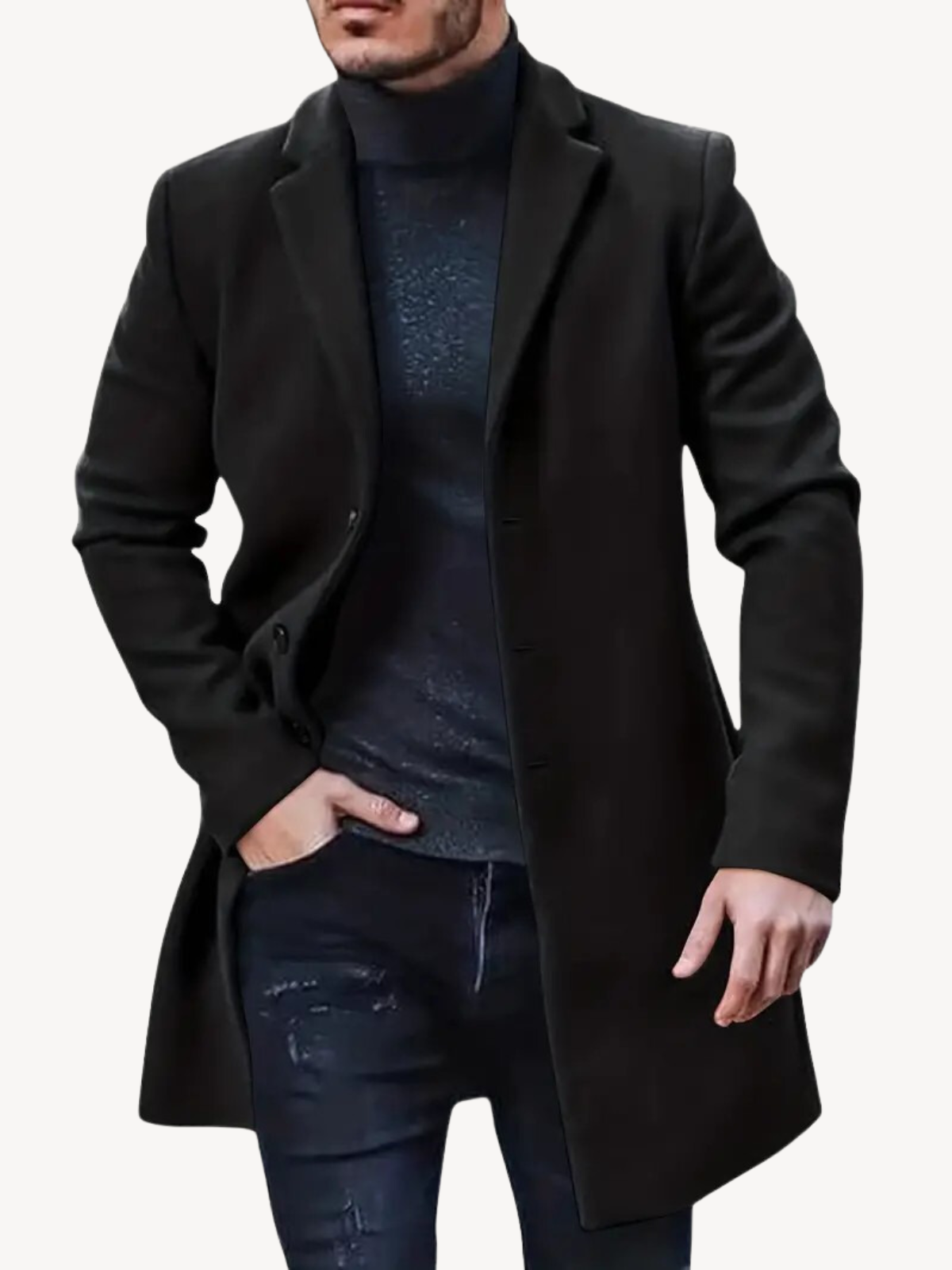 Men's Trench Coat – Tailored Fit – Wool Feel – Mid Length – Notch Lapel – 3-Button Closure