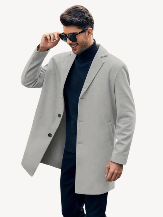 Men's Trench Coat – Tailored Fit – Wool Feel – Mid Length – Notch Lapel – 3-Button Closure