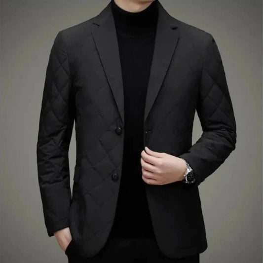 Men's Quilted Jacket – Slim Fit – Diamond Pattern – Button Closure – Notch Lapel
