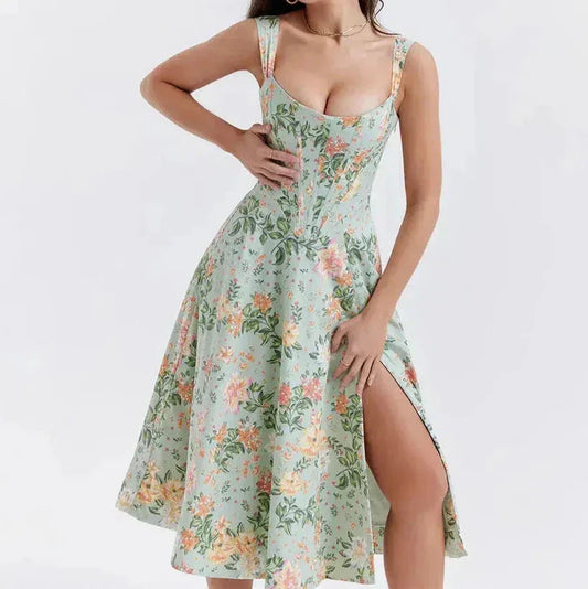 Dress for Women – Midi Length – Fitted Bodice – Floral Print – Side Slit