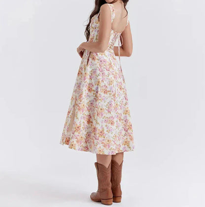 Dress for Women – Midi Length – Fitted Bodice – Floral Print – Side Slit