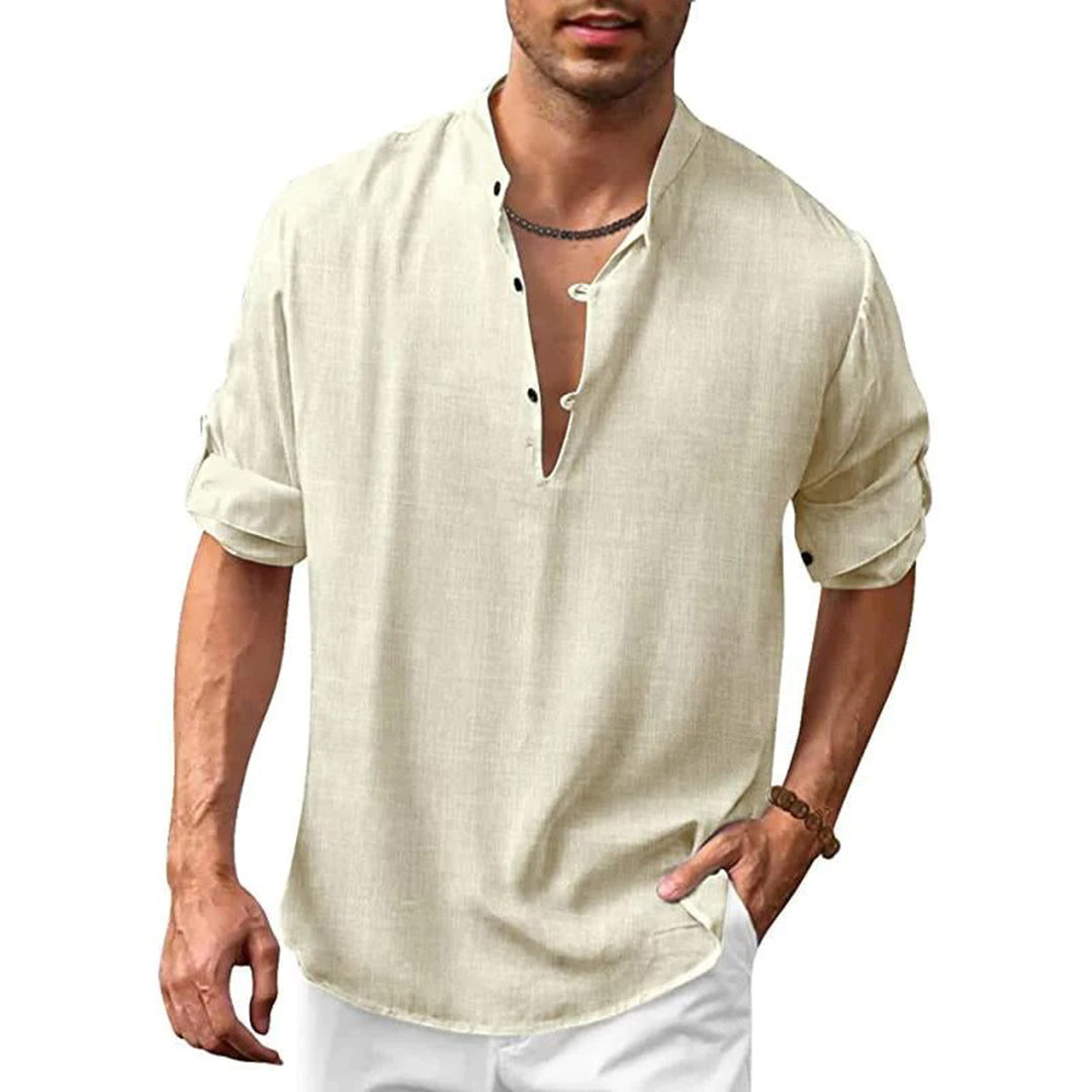 Men's Shirt - Stand Collar - Breathable Fabric - Relaxed Fit - Rolled-Up Sleeves