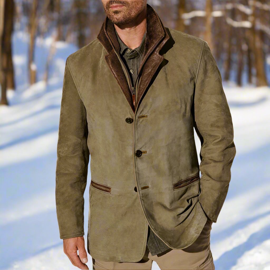 Herre Frakk - Semsket Look med Skinn Detaljer - Strukturert Passform - Knappelukking