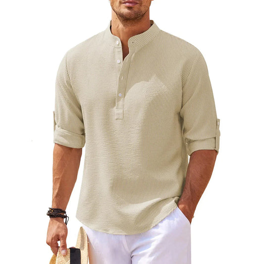 Men's Shirt – Relaxed Fit – Breathable Fabric – Mandarin Collar – Roll-up Sleeves