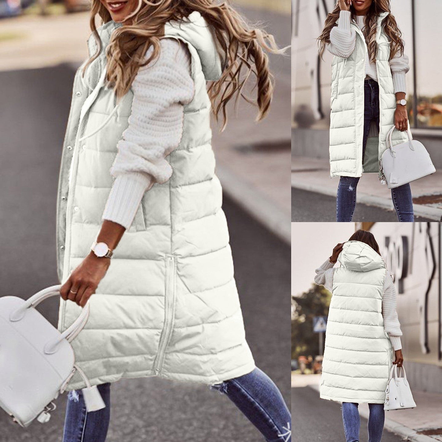 Women's Long Padded Vest – Oversized Fit – Hood – Sleeveless Quilted Comfort