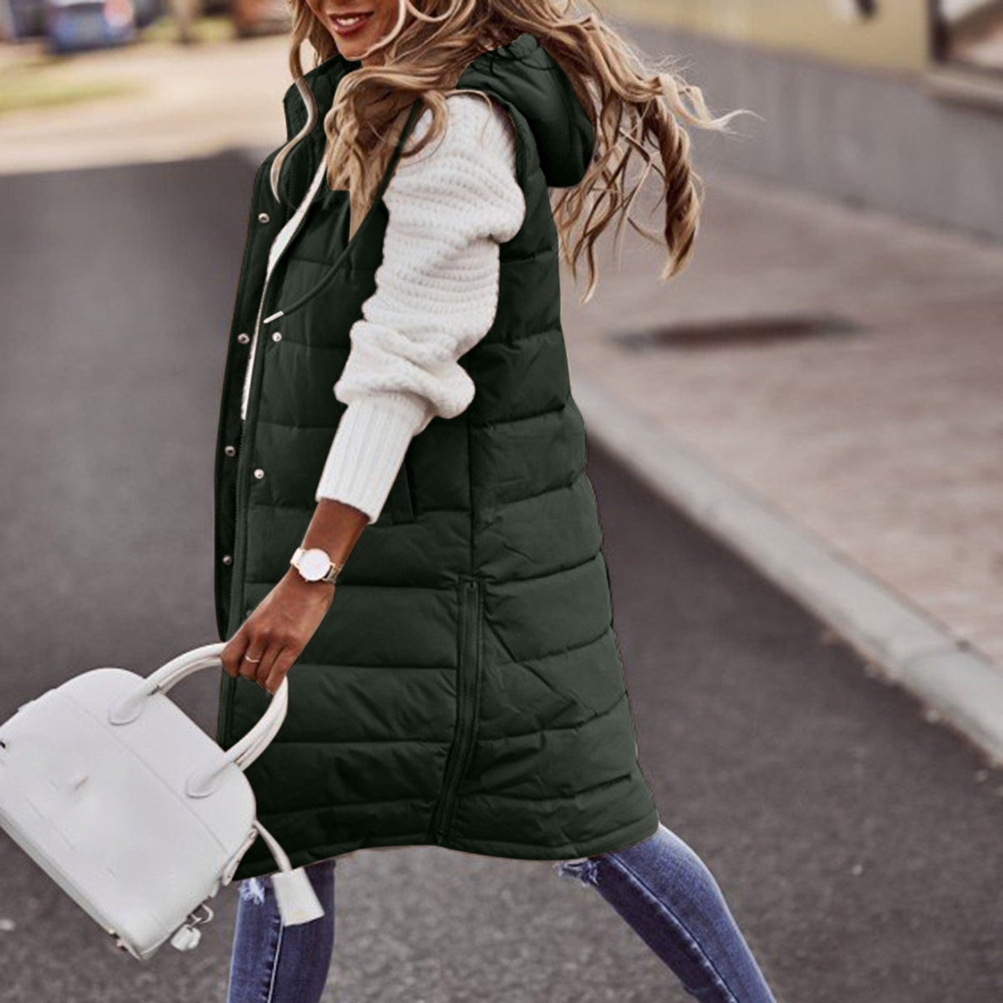 Women's Vest with Hood – Padded – Long Fit – Relaxed Cut – Snap Buttons