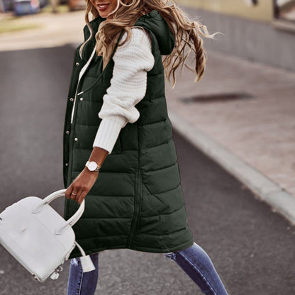 Women's Vest with Hood – Padded – Long Fit – Relaxed Cut – Snap Buttons