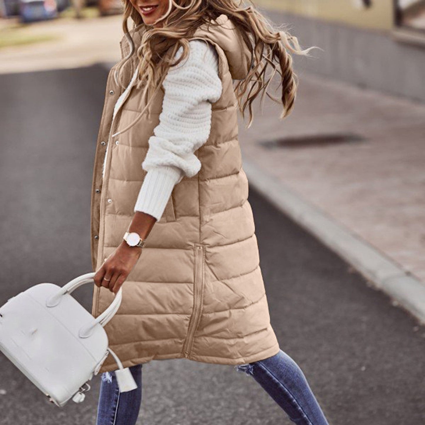 Women's Vest with Hood – Padded – Long Fit – Relaxed Cut – Snap Buttons