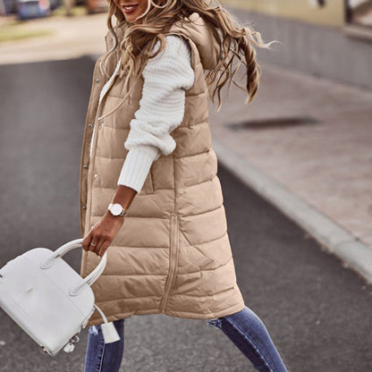 Women's Vest with Hood – Padded – Long Fit – Relaxed Cut – Snap Buttons