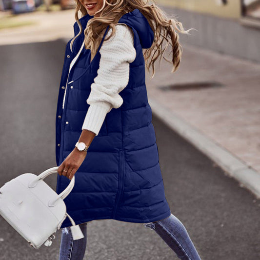 Women's Vest with Hood – Padded – Long Fit – Relaxed Cut – Snap Buttons