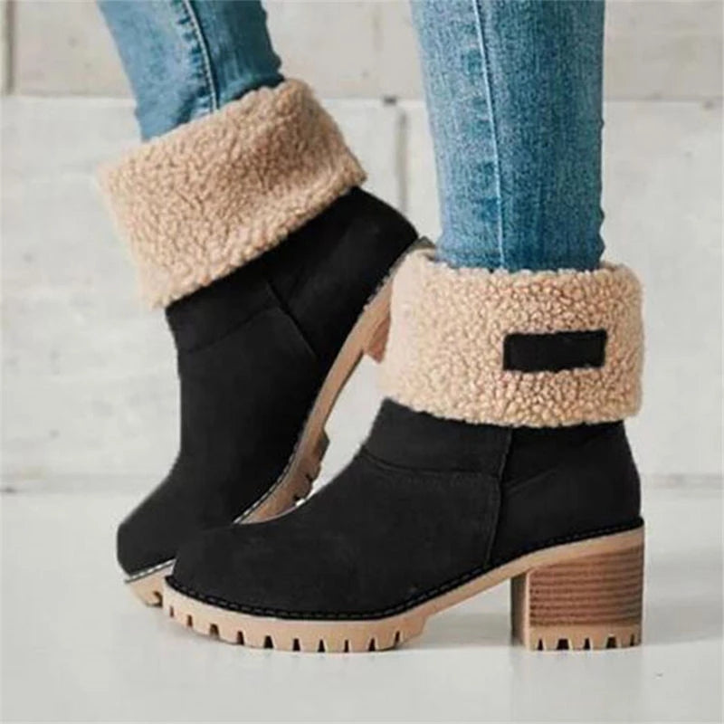 Dame Støvler - Semsket Look - Fôret Varme - Stabil Blokkhel - Sklihemmende Såle