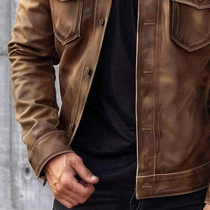 Herre Skinnjakke - Klassisk Design - Skjortekrage - Knapplukking - Praktiske Lommer