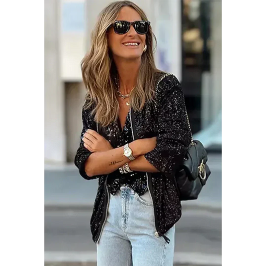 Women's Bomber Jacket – Relaxed Fit – Sequin Texture – Zipper Closure – Ribbed Edge