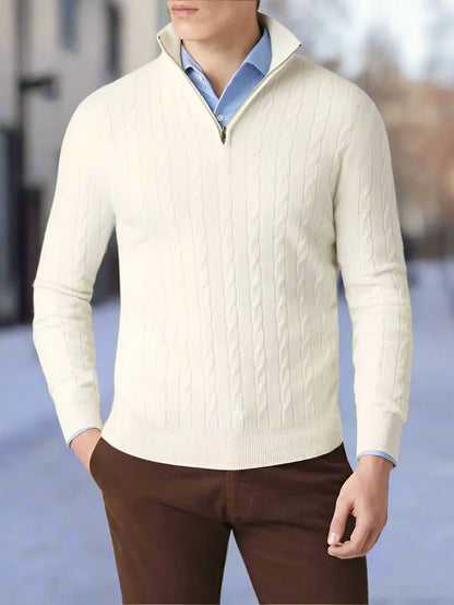Men's Sweater - Cable Knit Wool Blend - Regular Fit - Half-Zip High Neck