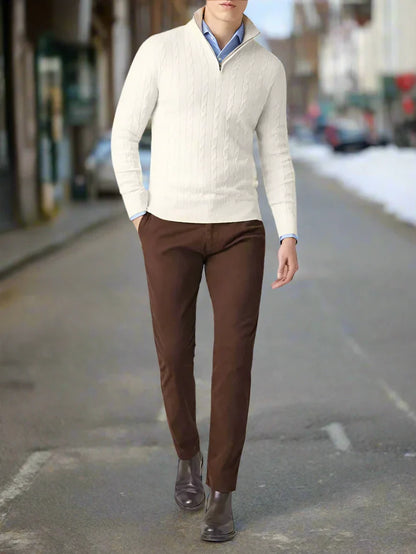 Men's Sweater - Cable Knit Wool Blend - Regular Fit - Half-Zip High Neck