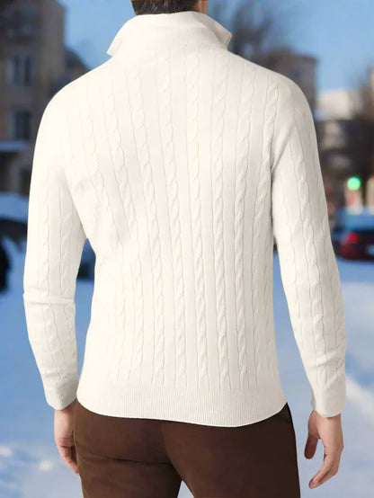 Men's Sweater - Cable Knit Wool Blend - Regular Fit - Half-Zip High Neck