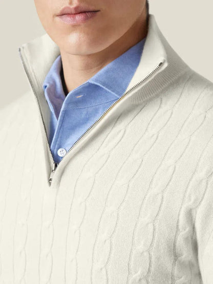 Men's Sweater - Cable Knit Wool Blend - Regular Fit - Half-Zip High Neck