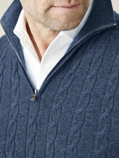 Men's Sweater - Cable Knit Wool Blend - Regular Fit - Half-Zip High Neck