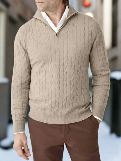 Men's Sweater - Cable Knit Wool Blend - Regular Fit - Half-Zip High Neck