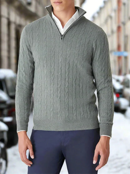 Men's Sweater - Cable Knit Wool Blend - Regular Fit - Half-Zip High Neck