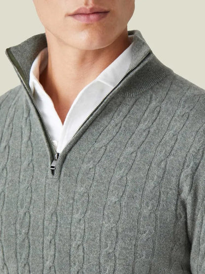 Men's Sweater - Cable Knit Wool Blend - Regular Fit - Half-Zip High Neck